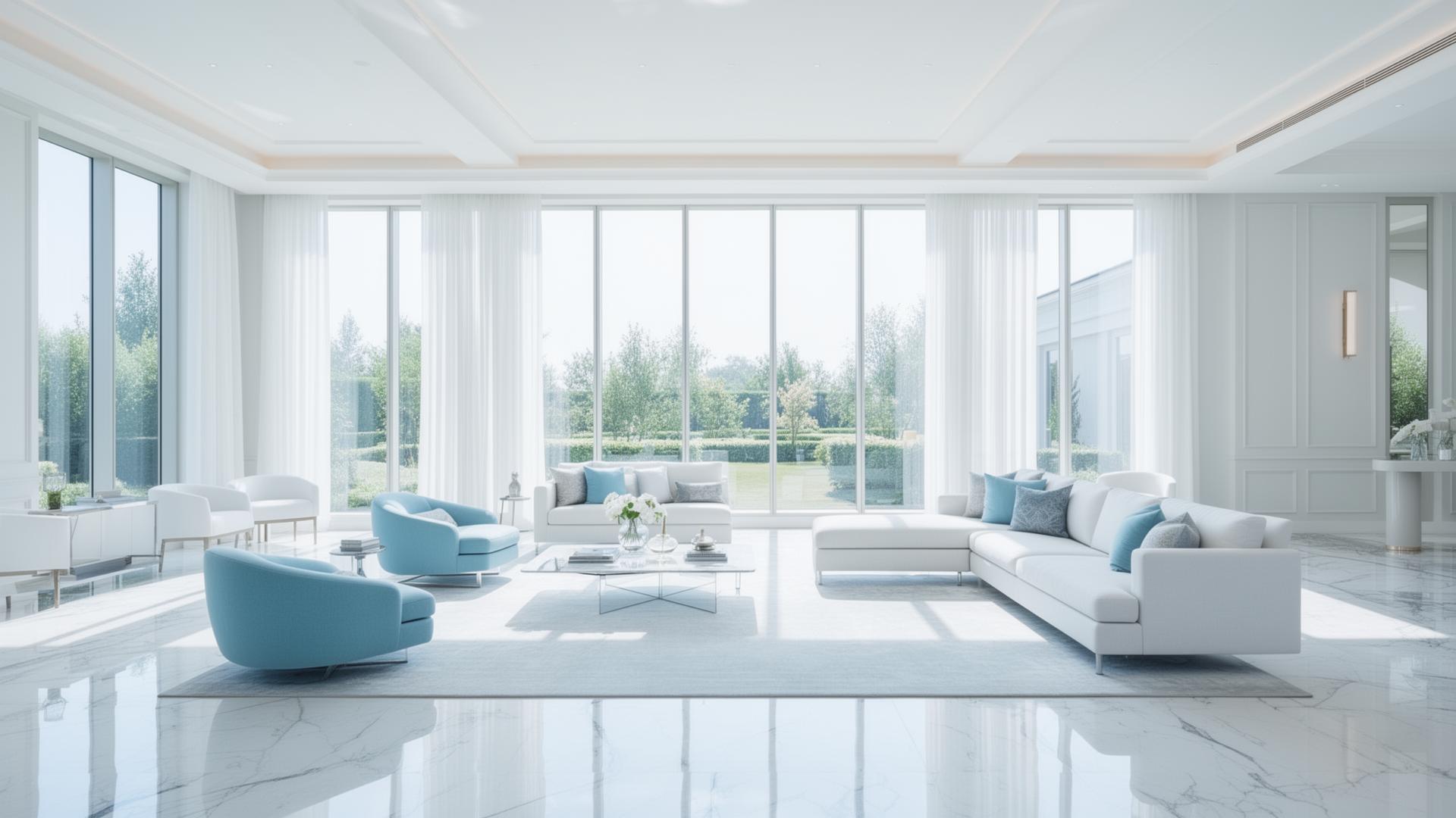 Luxury clean modern home interior with large windows